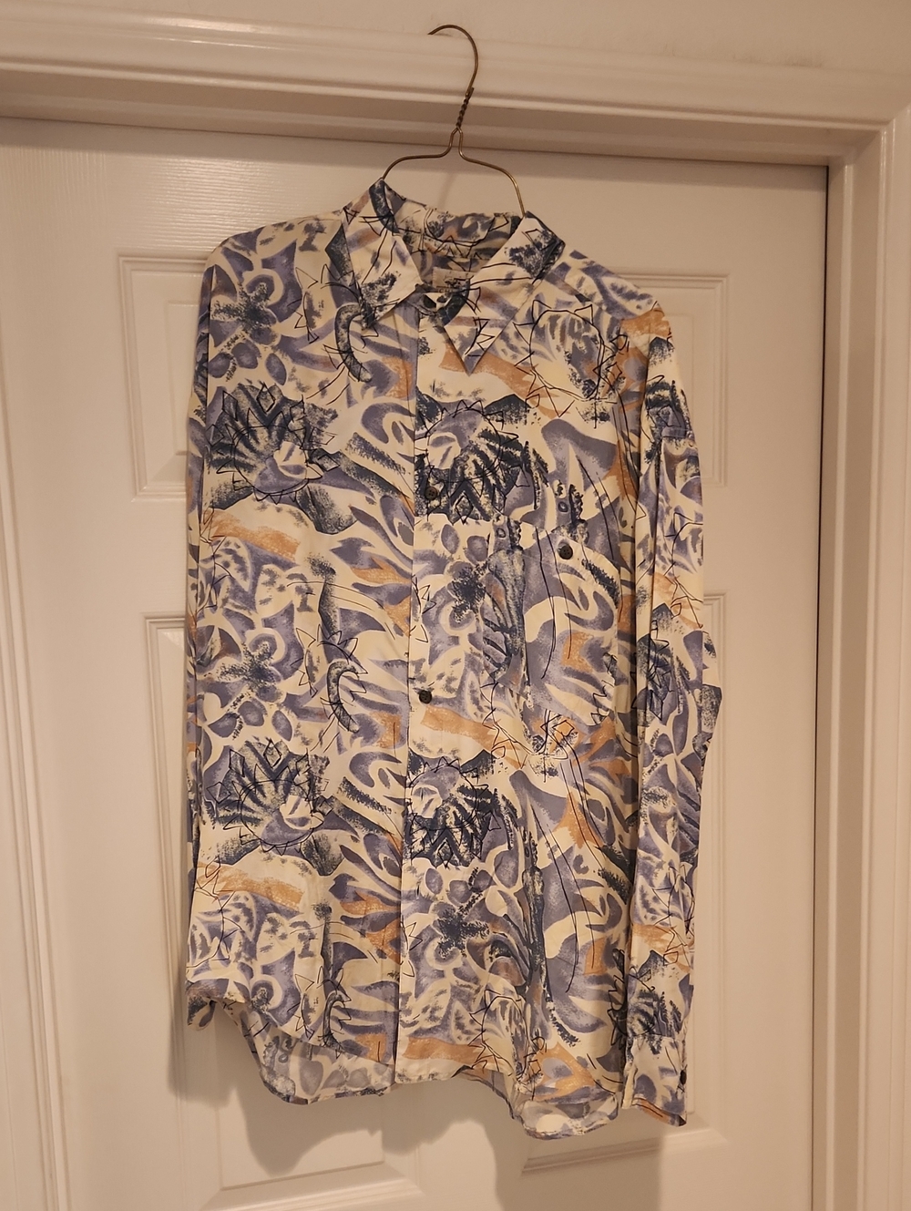 Abstract Botanical Print Button-Up Silk Shirt in Blue and Tan